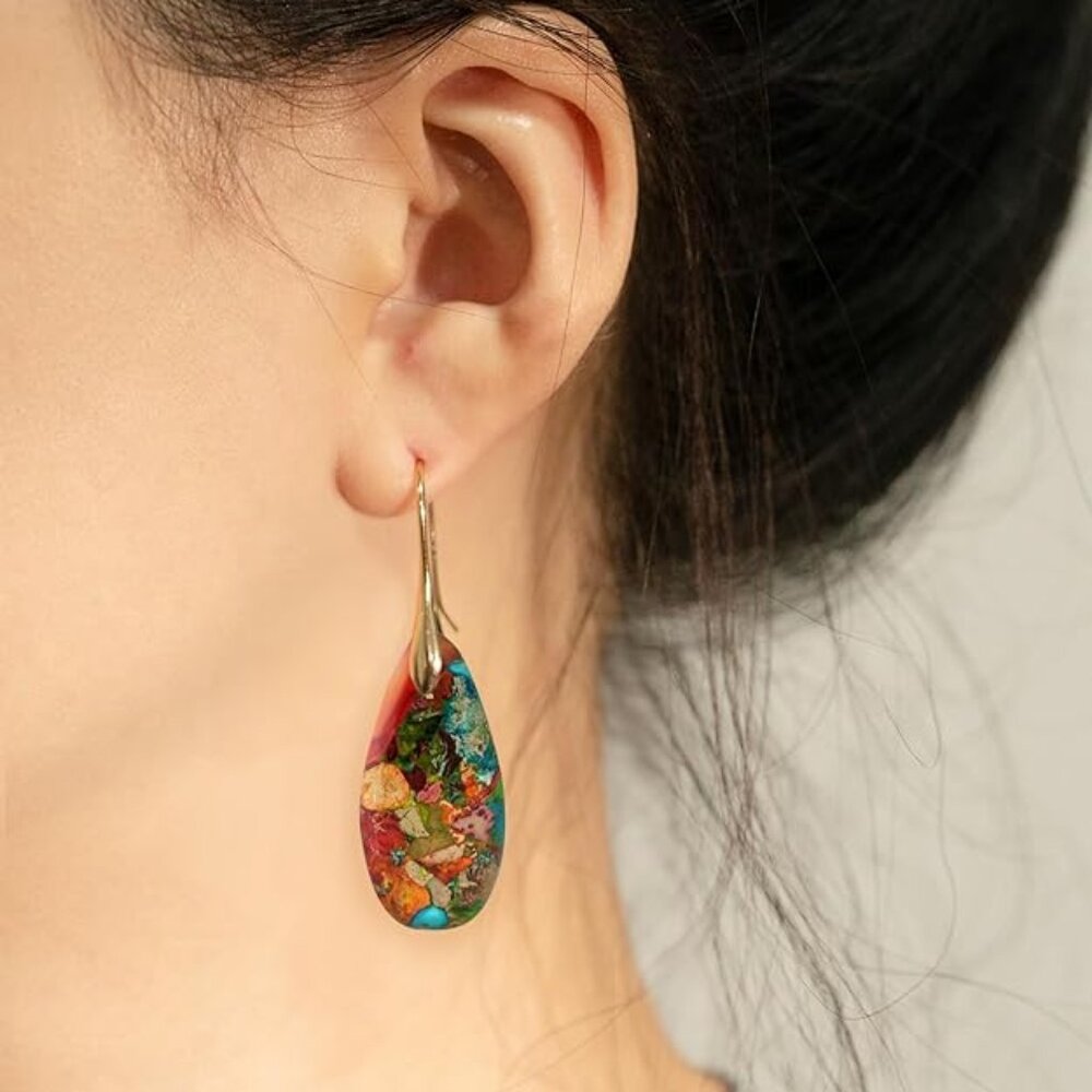 Natural Healing Stone Fishhoop Dangle Drop Earrings